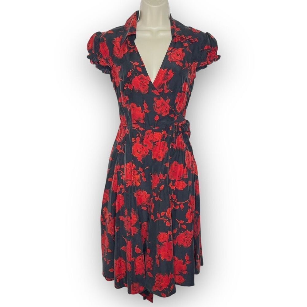 Moda International Red Black Floral Silk Wrap Dress Women’s Size 4 Vintage
